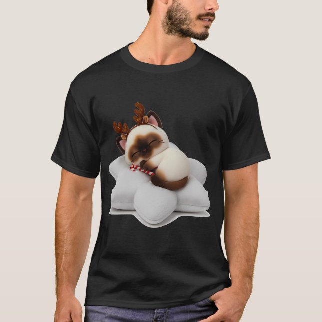 Camiseta Sleeping Reindeer Cat with Candy Cane on Star Pill (Frente)
