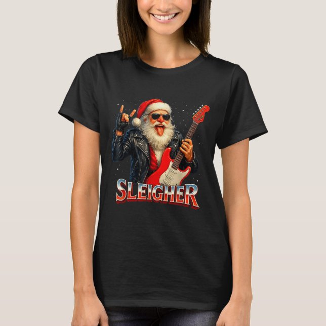 Camiseta Sleigher Rock Santa Funny Metal Christmas Design  (Frente)