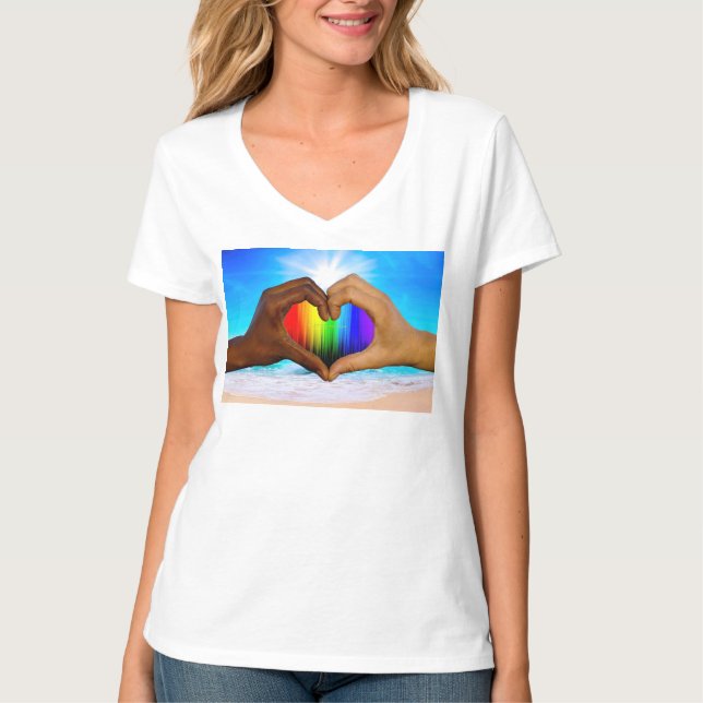Camiseta SlipperyJoe gradiente de arco-íris vibrante coraçã (Frente)