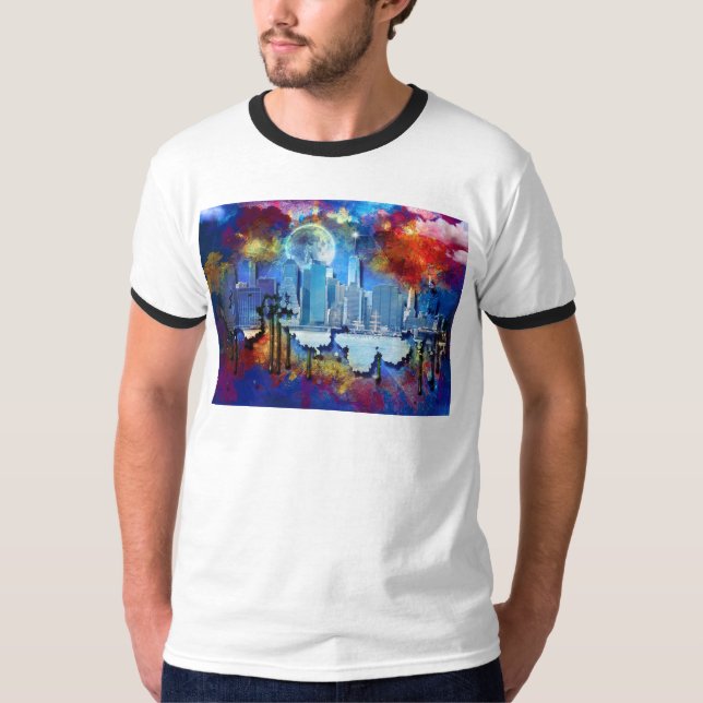Camiseta SlipperyJoe NYC grafite lua cercada por redemoinho (Frente)