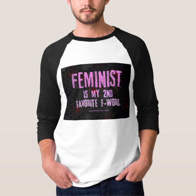 Camiseta SlipperyJoe's feminista, palavra-f brilhando preto (Frente)