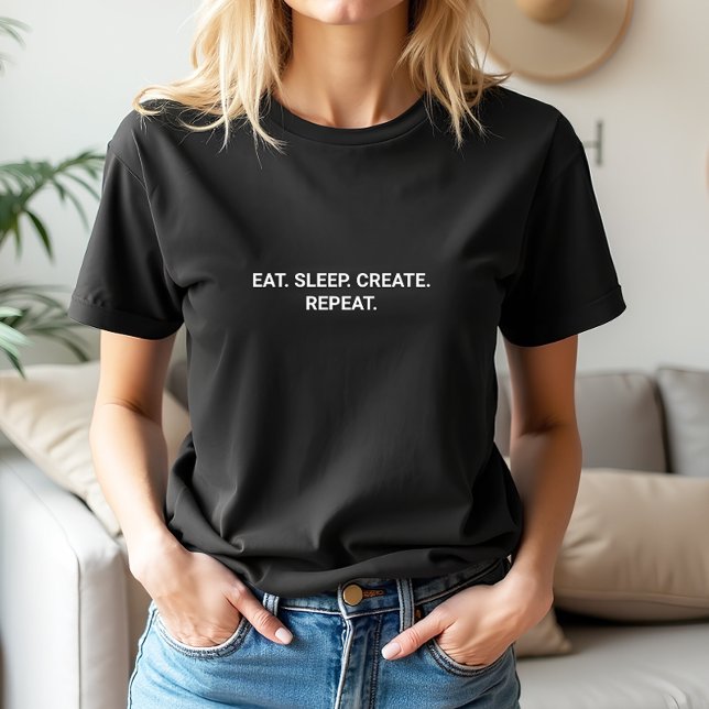 Camiseta Slogan de Repetição de Crio de Repouso de Comida P (Stylish Black Eat Sleep Create Repeat Slogan T-Shirt)