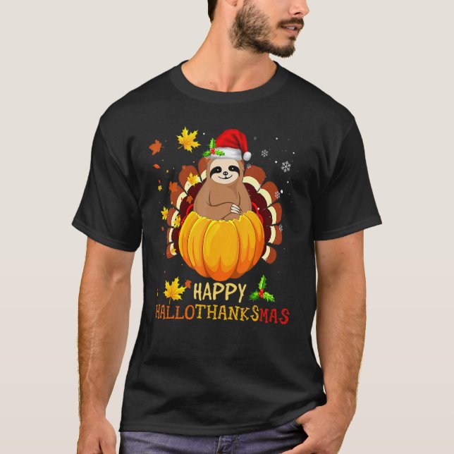 Camiseta Sloth Halloween And Merry Christmas Happy Hallotha (Frente)