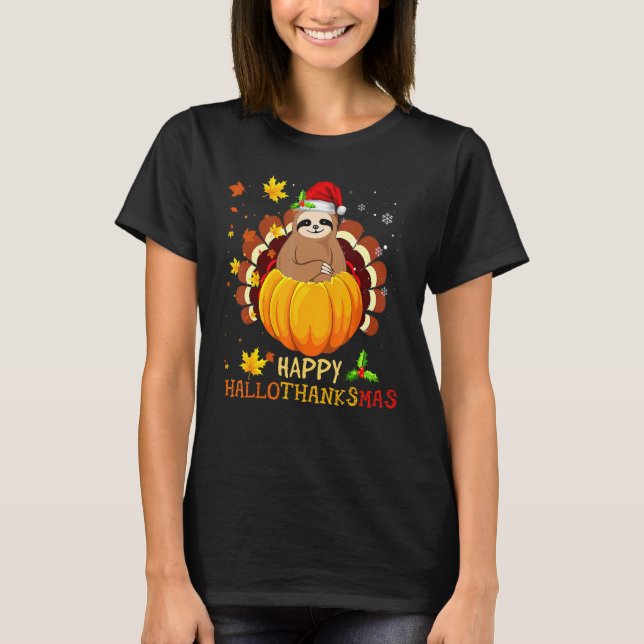 Camiseta Sloth Halloween And Merry Christmas Happy Hallotha (Frente)