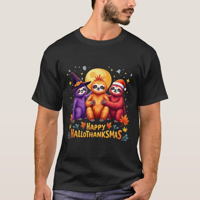 Camiseta Sloth Happy Hallothanksmas Dia das Bruxas (Frente)