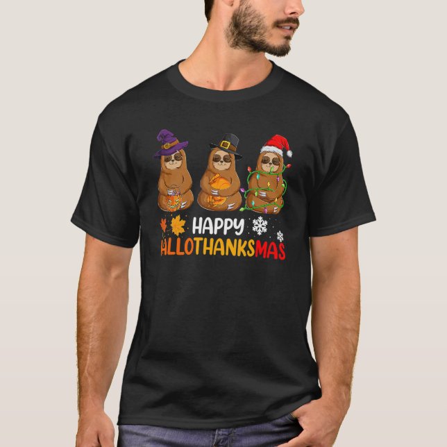 Camiseta Sloth Happy Hallothanksmas  Xmas Thanksgiving Hall (Frente)