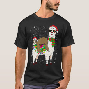 Camiseta Sloth Riding Lama Christmas Scarf Santa Hat