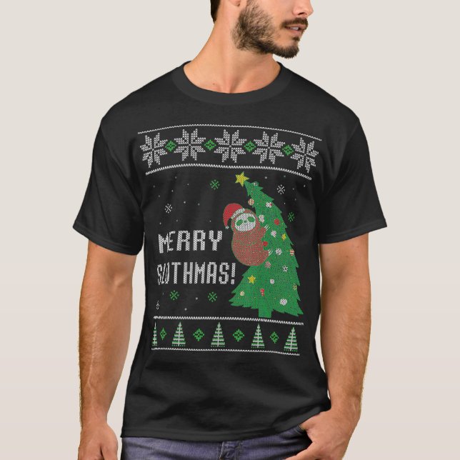 Camiseta Sloth Subindo Uma Árvore De Natal Feia De Natal (Frente)