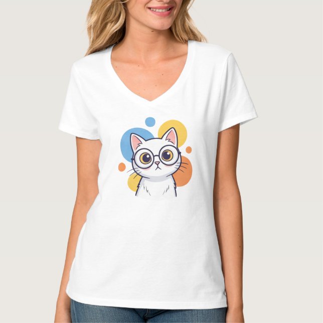 Camiseta Smart Nerd White Cat Glasses Design (Frente)