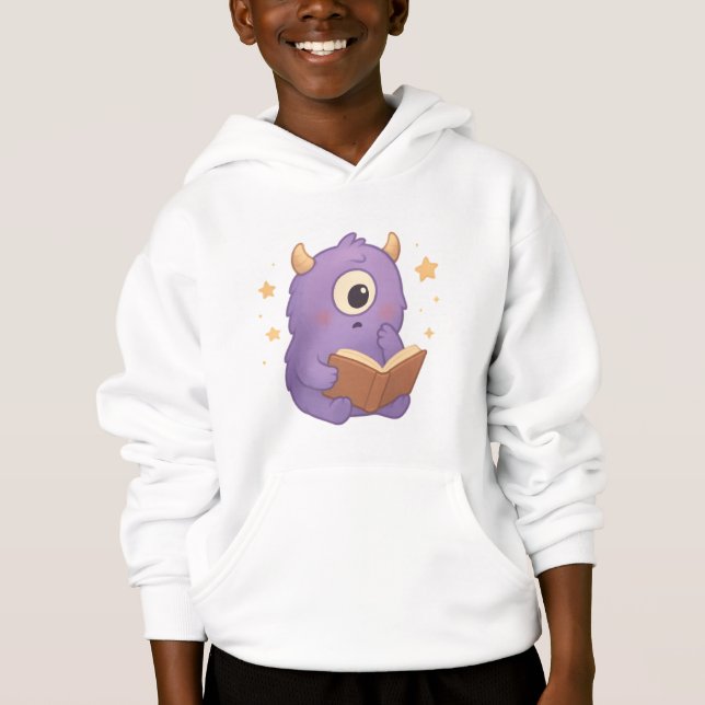 Camiseta Smart Reading Monster Kids Hoodie — Purple Book  (Frente)
