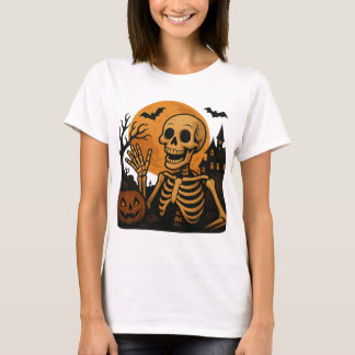 Camiseta Smiling Skeleton with Pumpkin and Full Moon – Spoo