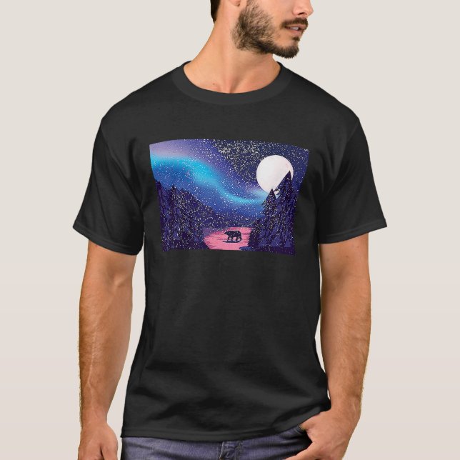 Camiseta Snow Scene Polar Bear Silhouette w Moon and Northe (Frente)