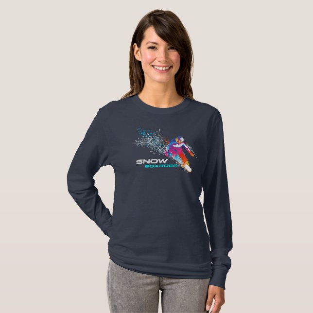 Camiseta Snowboard | Capa longa feminina (Frente Completa)