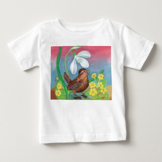 Camiseta Snowdrop e wren bird convocam o primavera (Frente)