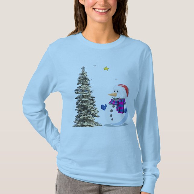 Camiseta Snowman admira a árvore verde. (Frente)