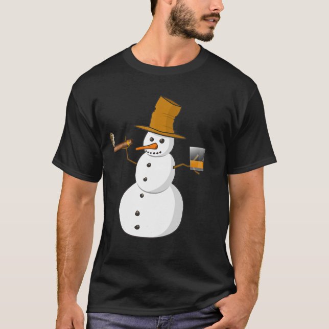Camiseta Snowman Bebendo Whiskey E Fumar Um Cigarro (Frente)