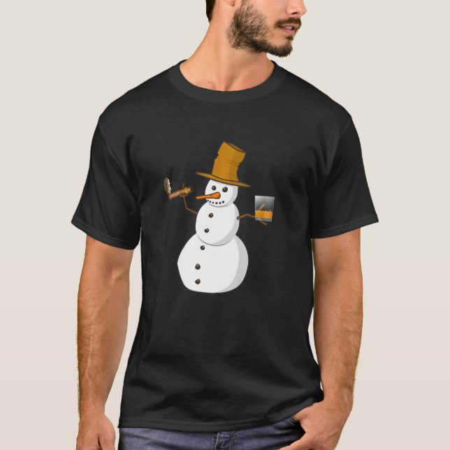 Camiseta Snowman Bebendo Whiskey E Fumar Um Cigarro (Frente)