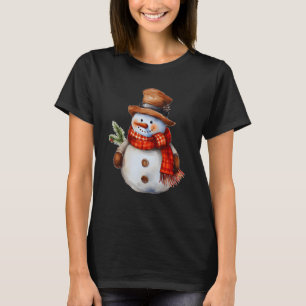 Camiseta Snowman com Carrot Nose Red Checker Scarf Winter