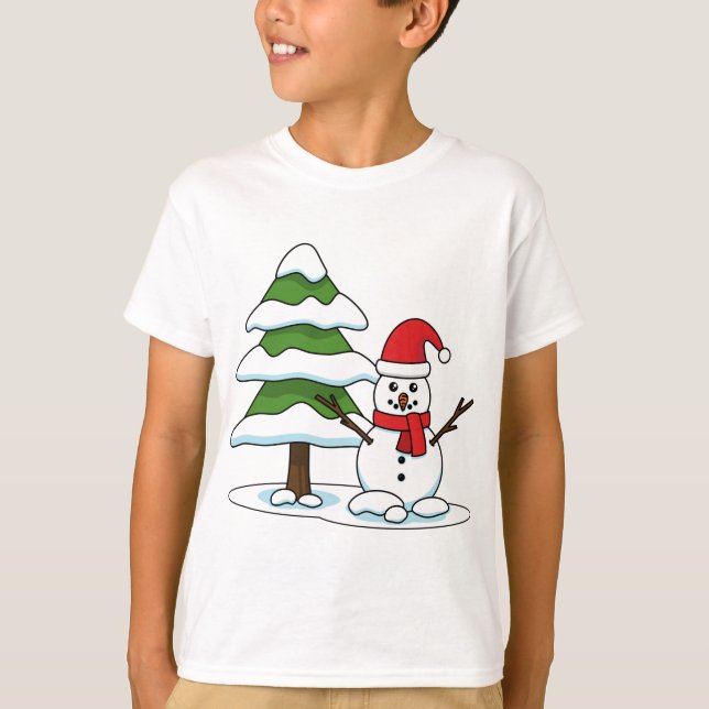 Camiseta Snowman com Snowy Pine Tree (Frente)