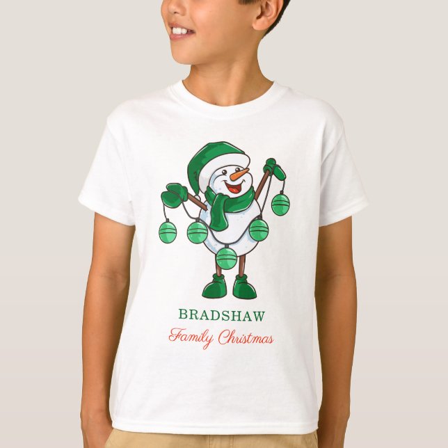 Camiseta Snowman de Natal com Matança de Família Baubles (Frente)