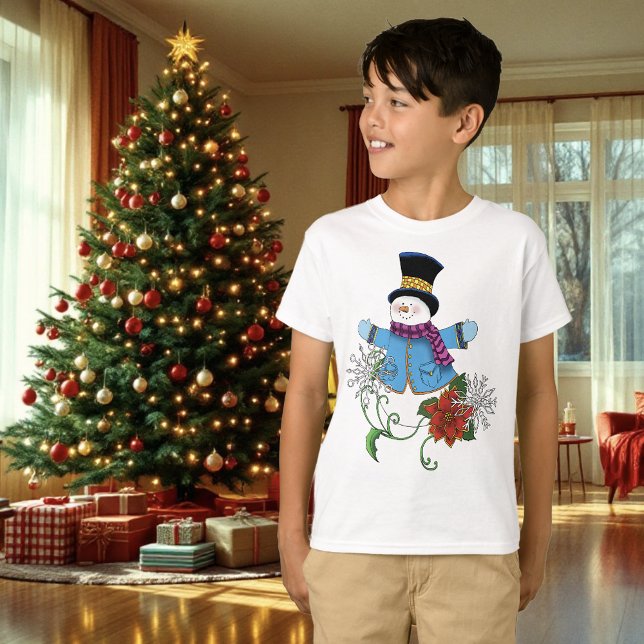 Camiseta Snowman Snowflakes Poinsettia (Criador carregado)