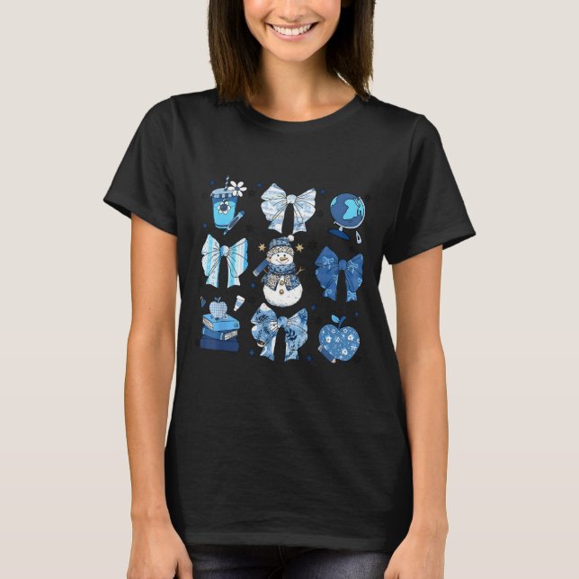 Camiseta Snowman Teacher Winter Bows Clroom Cute Blue Aesth (Frente)