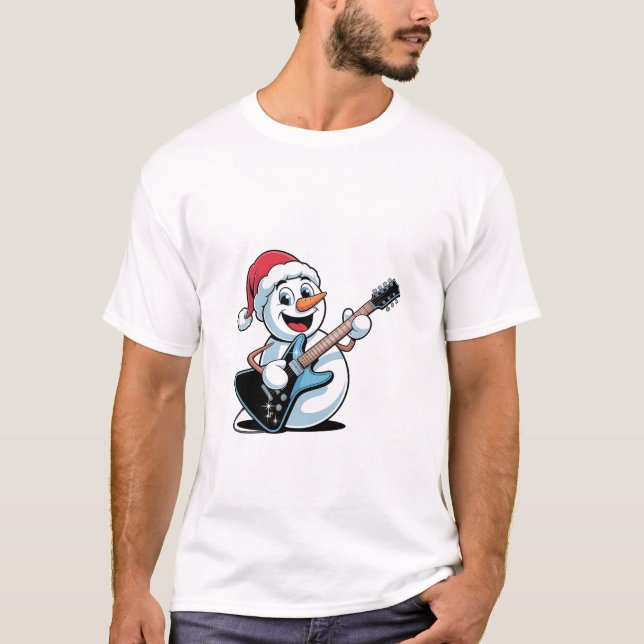 Camiseta Snowman Tocando Papais noeis de Violão Elétrico no (Frente)