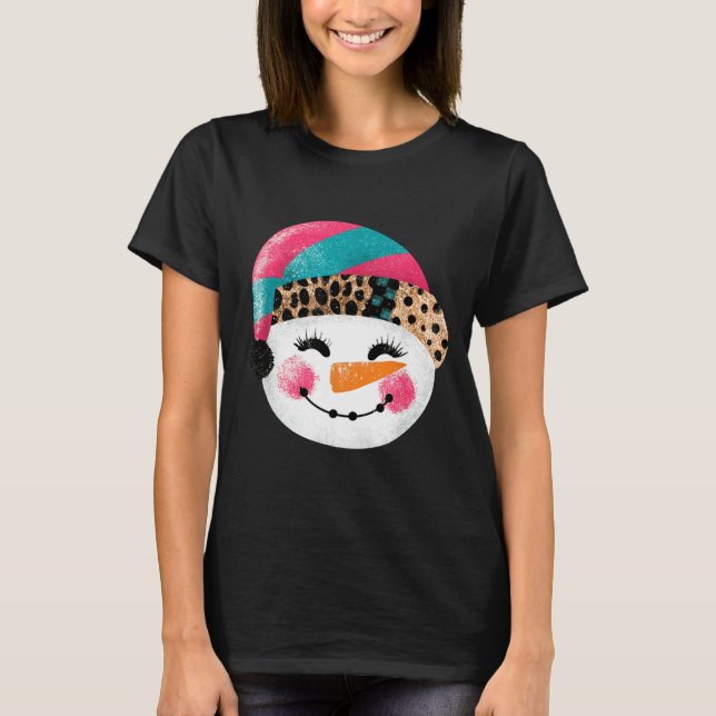 Camiseta Snowman With Santa Hat And Leopard Pattern  (Frente)