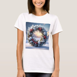 Camiseta Snowy Christmas Wreath with Red Berries