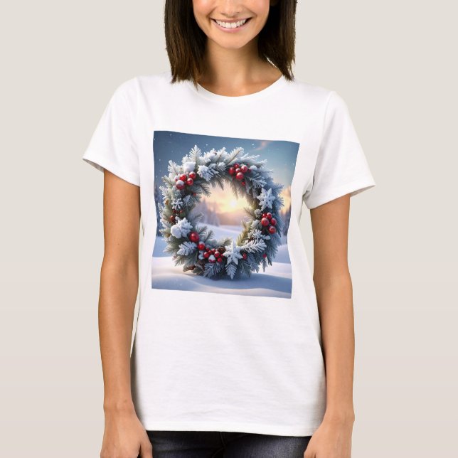 Camiseta Snowy Christmas Wreath with Red Berries (Frente)
