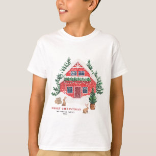 Camiseta Snowy Watercolor Red Cottage Woodland Natal