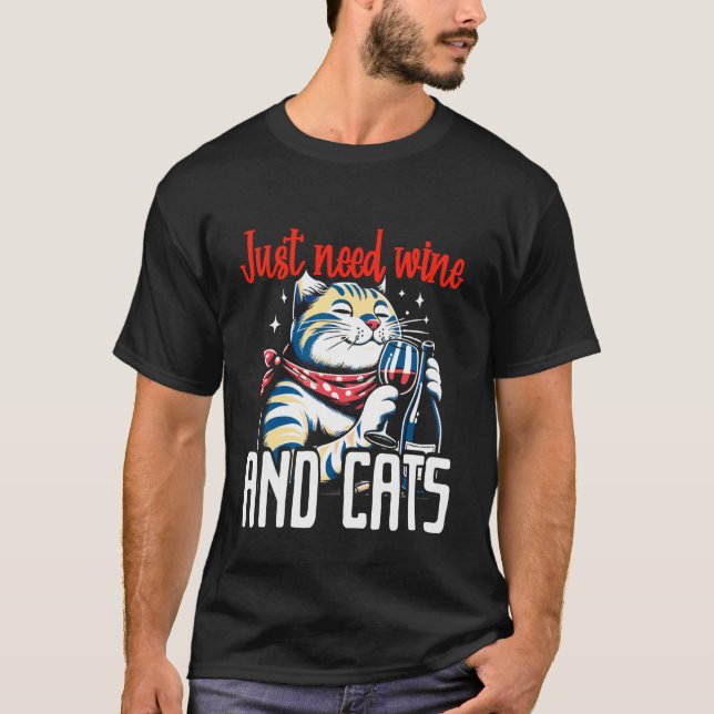 Camiseta Só Preciso de Vinho e Gatos Fantasioso Álcool e Fe (Frente)