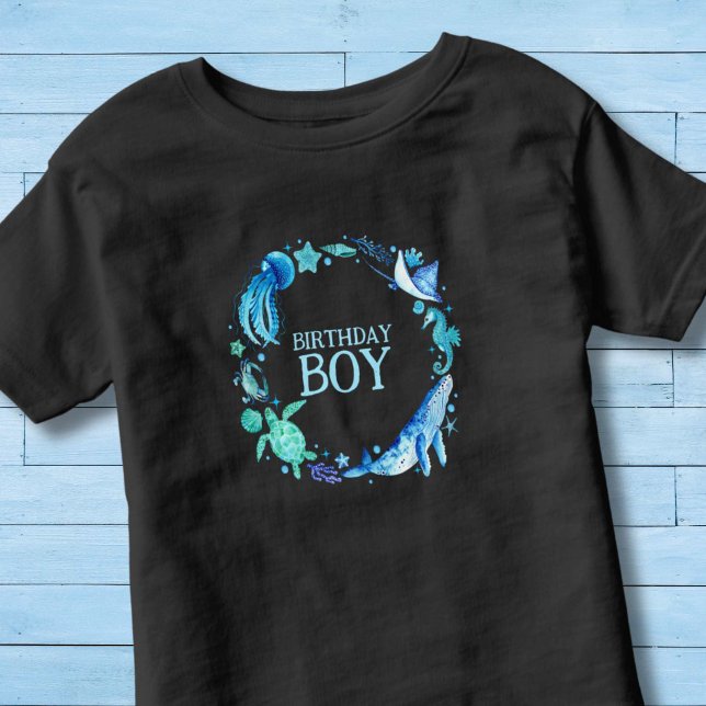 Camiseta Sob o Mar Aniversário Garoto Aquarela Oceânica Ani (Under the Sea Birthday Boy Watercolor Ocean Animal Toddler T-shirt)