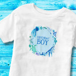 Camiseta Sob o Mar Birthday Boy Blue Watercolor<br><div class="desc">Um design para uma comemoração submarina para o seu aniversariante com criaturas pintadas manualmente de aquarelas como,  baleias,  cavalos marinhos,  raias de picada,  água-viva,  caranguejos,  tartarugas marinhas e muito mais! Personalize-o para o seu partido! Consulte a coleção de partes correspondentes.</div>