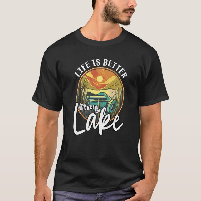 Camiseta Sobre O Lago De Verão, Pesca De Retro-Barco 2 (Frente)