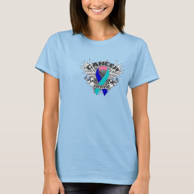 Camiseta Sobrevivente de câncer da tiroide da Faixa das asa (Frente)