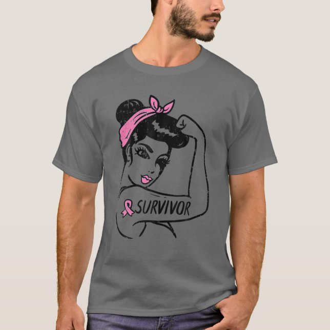 Camiseta Sobrevivente do Câncer da Mama Rosie Riveter Aware (Frente)