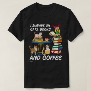 Camiseta SOBREVIVO EM GATOS, LIVROS E CAFÉ, Gato engraçado