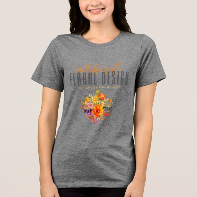 Camiseta Sofisticado Design Floral Flores Cinza Laranja (Frente)