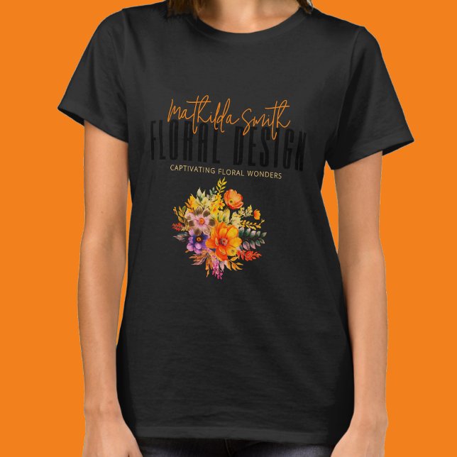 Camiseta Sofisticado Design Floral Flores Laranja Preta (Criador carregado)
