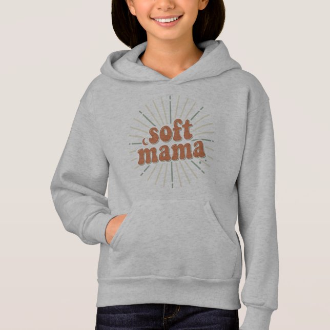 Camiseta Soft Mama: Retro Groovy Sunburst Maternidade Tipog (Frente)