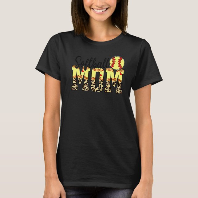 Camiseta Softball E Mãe Coração Vermelha Com Leopardo Para  (Frente)