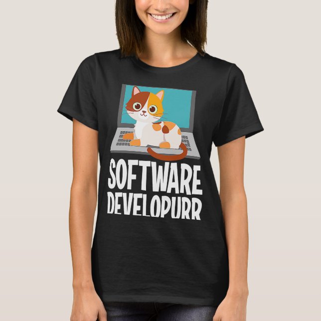 Camiseta Software Developer Programing Piada Cute Cat Lapto (Frente)