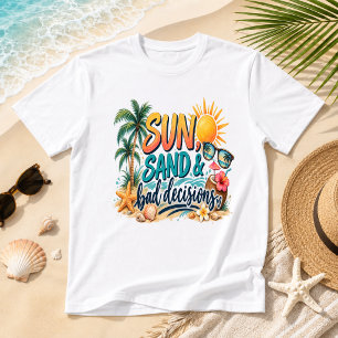 Camiseta Sol Areia & Más Decisões Humor Divertido de Praia