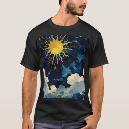 Camiseta Sol Celeste Moderno Estrelas e Nuvens Azuis