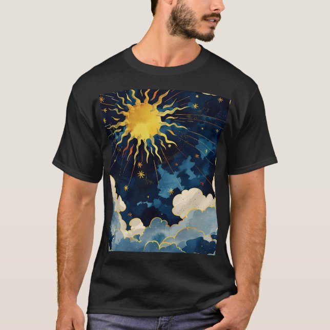 Camiseta Sol Celeste Moderno Estrelas e Nuvens Azuis (Frente)