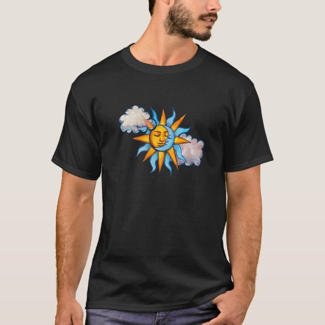 Camiseta Sol, Lua e Nuvens no céu, filho ensolarado (Frente)