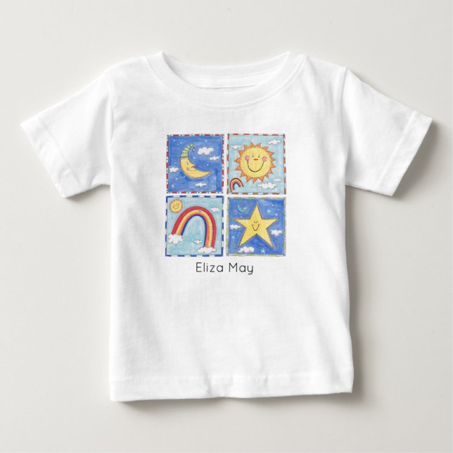 Camiseta Sol, Lua, Estrela e Arco-íris Personalizados Feliz (Frente)