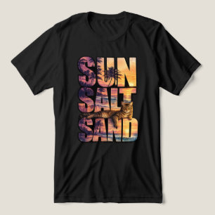 Camiseta Sol Sal Areia Praia Gato Pôr do Sol Homens Preto
