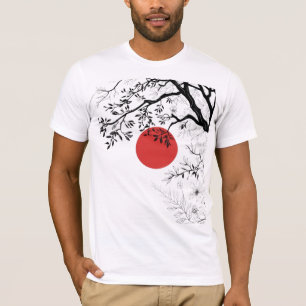 Camiseta Sol Vermelho Japonês e Arte de Árvore com Pincel